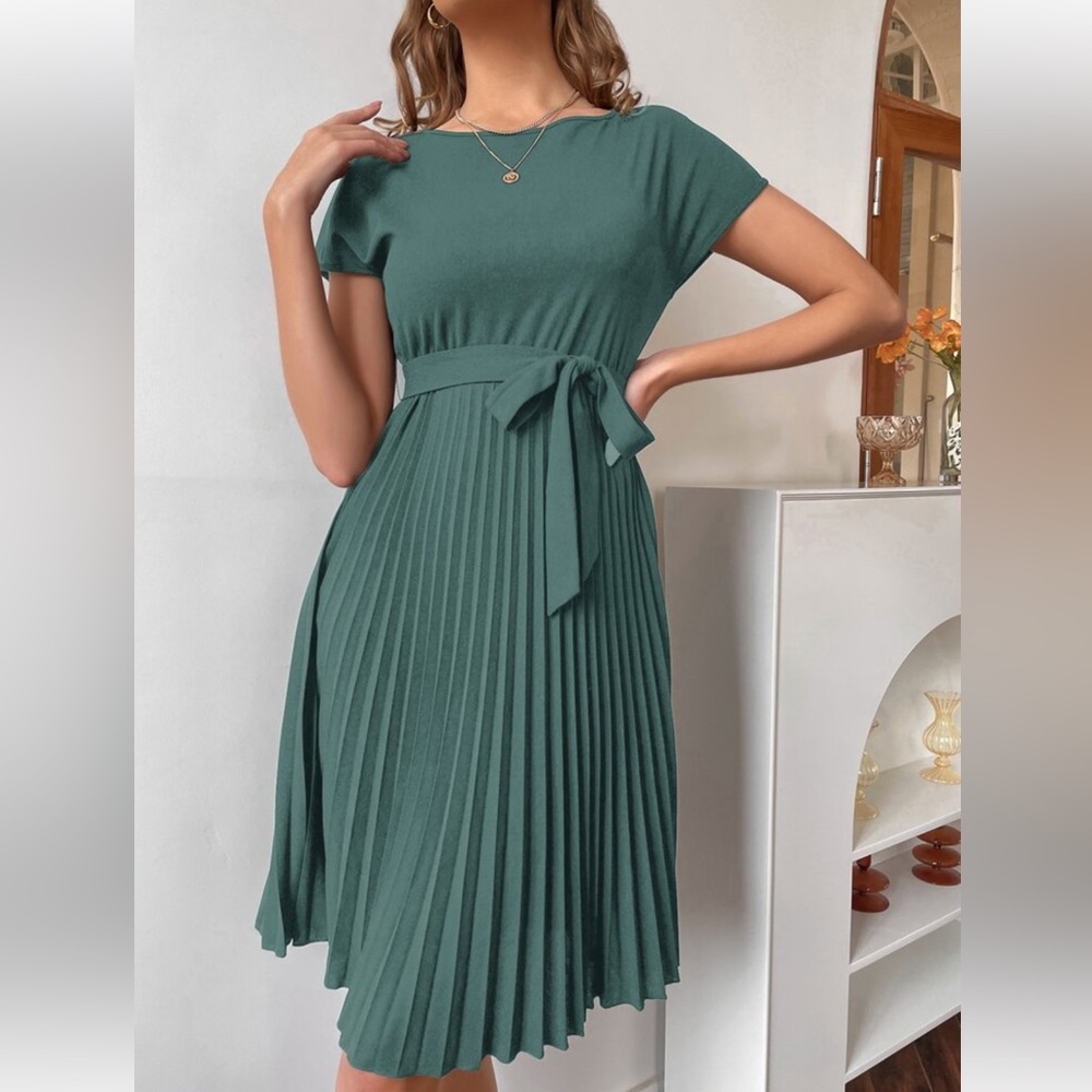 Pleated hem self belted dress